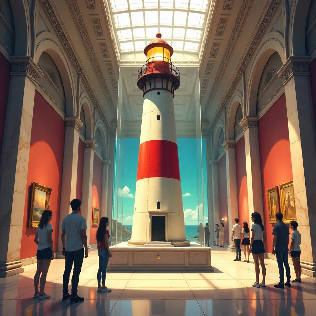 Anime Lighthouse Exhibit in a Grand Museum Hall