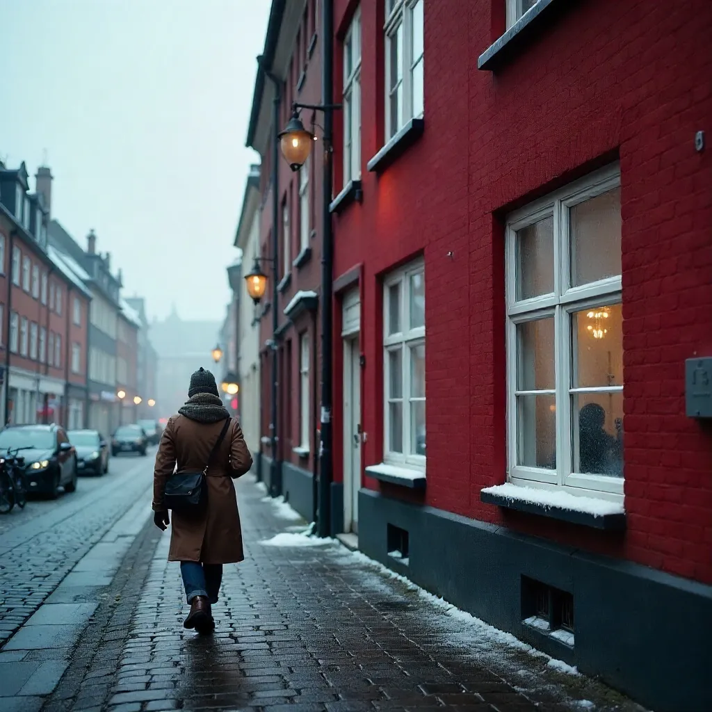 Red Copenhagen Facade with Lone Pedestrian in Winter