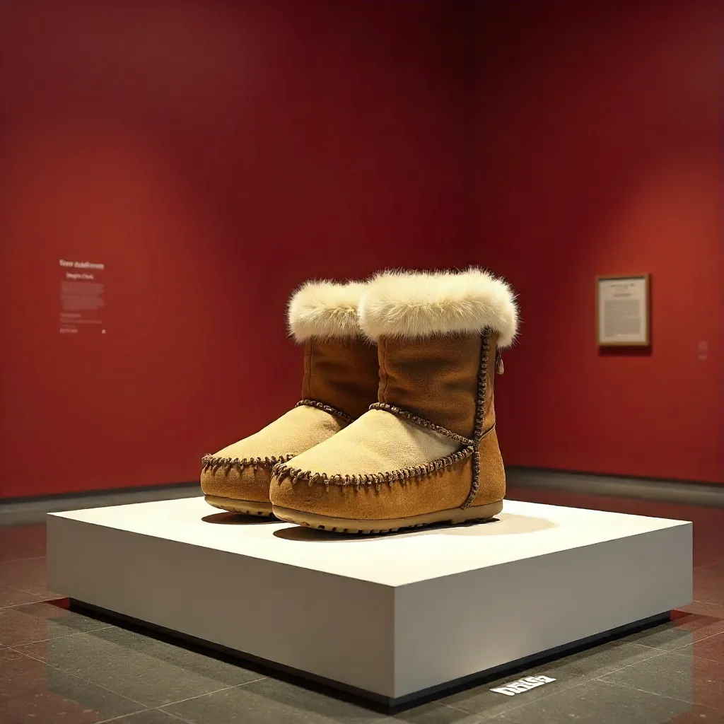 Crimson Backdrop: Traditional Fur Boots in a Toronto Museum