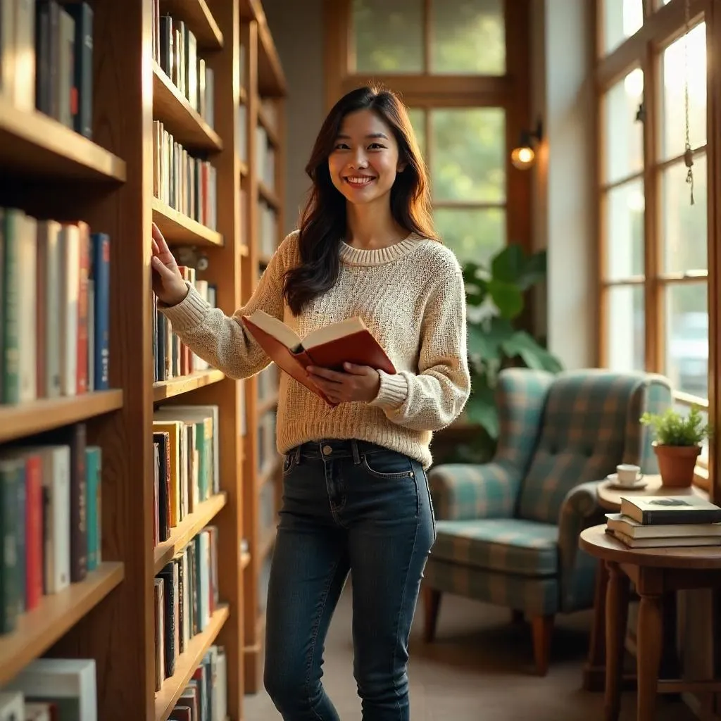 Cheerful Asian Woman in a Cozy Bookstore
