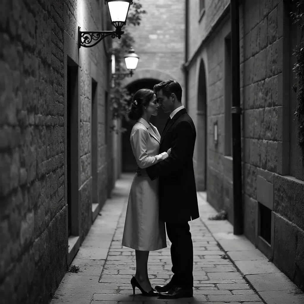 Embrace in a Historic Alley: Elegant B&W Portrait