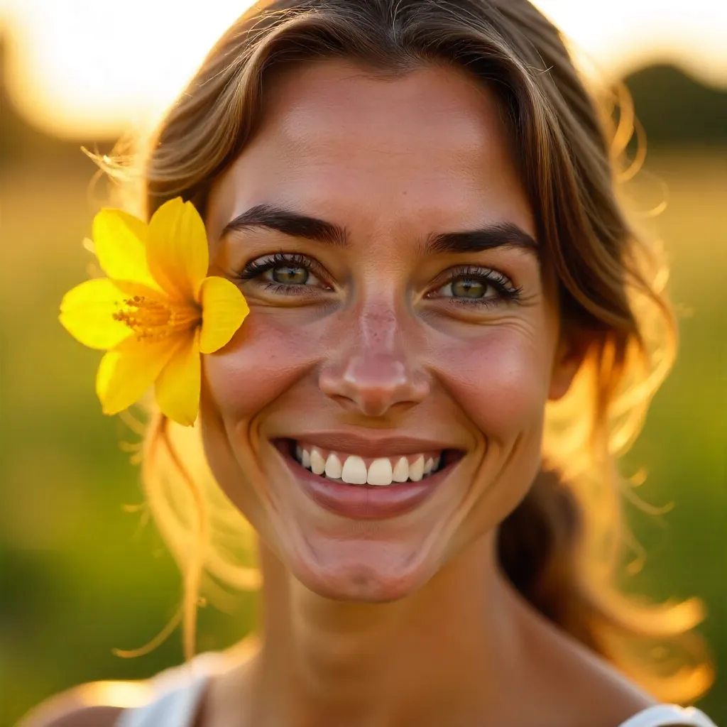 Smiling Woman with Yellow Flower Behind Ear — Close-Up Portrait