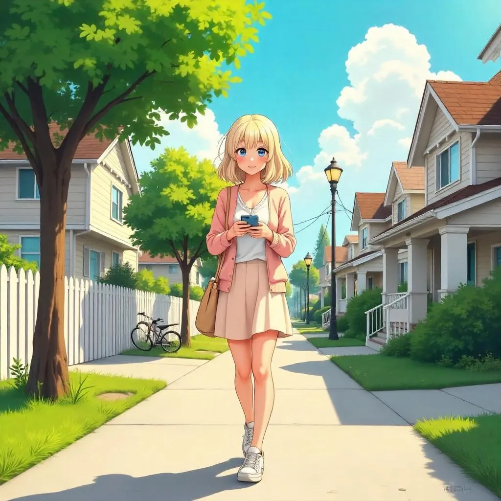Anime-Style Young White Woman in Suburban Neighborhood