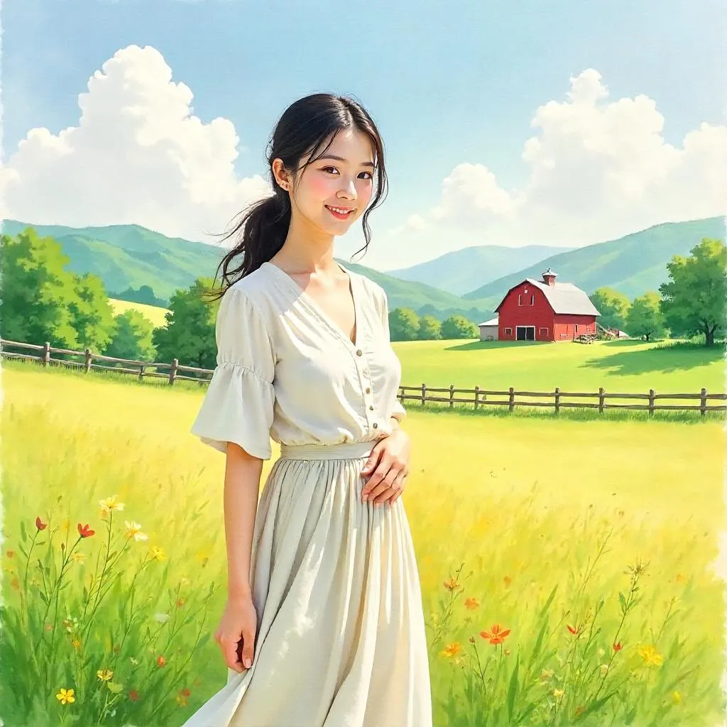 Watercolor Farm Portrait of an Asian Woman