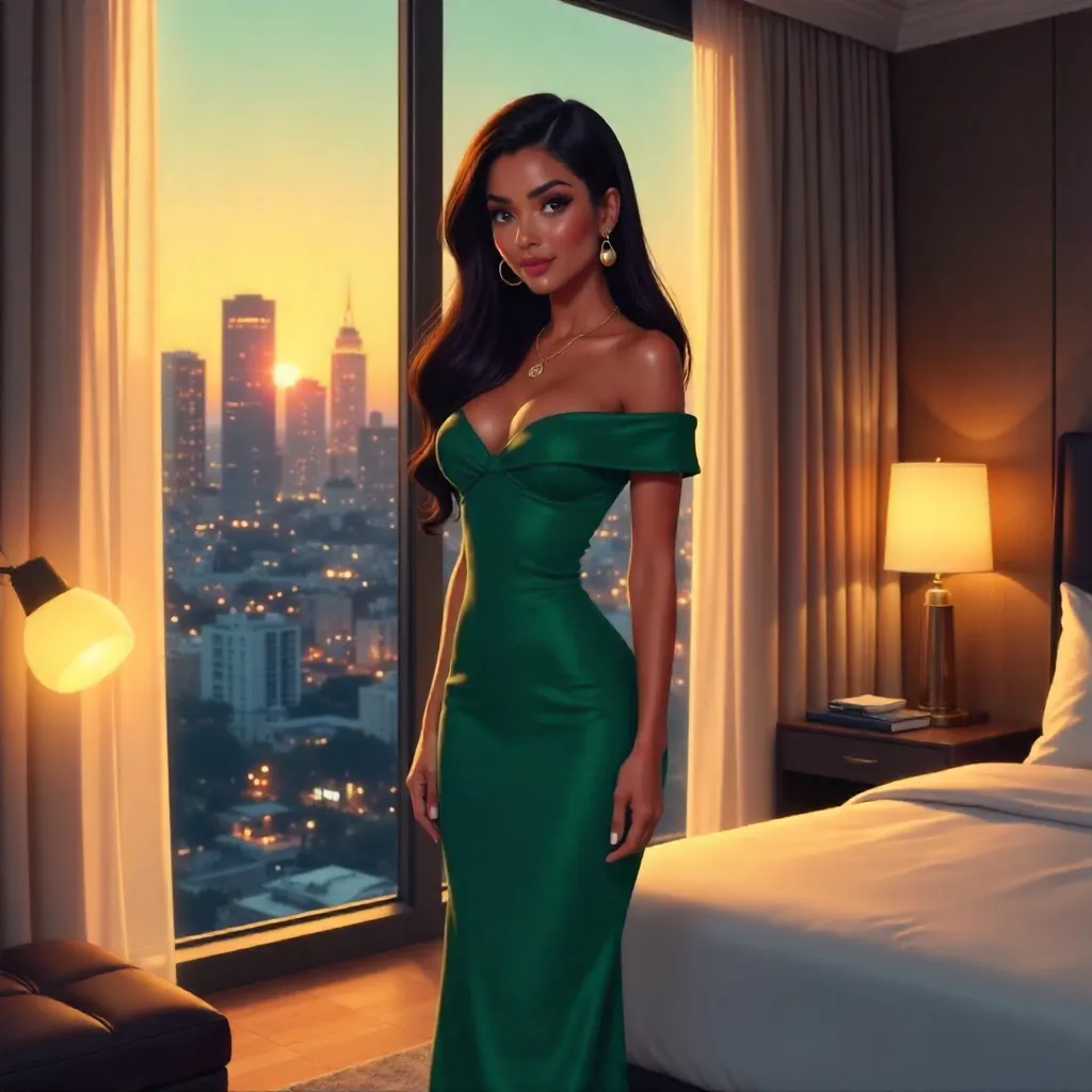 Elegant Latina in Anime-Style Hotel Suite
