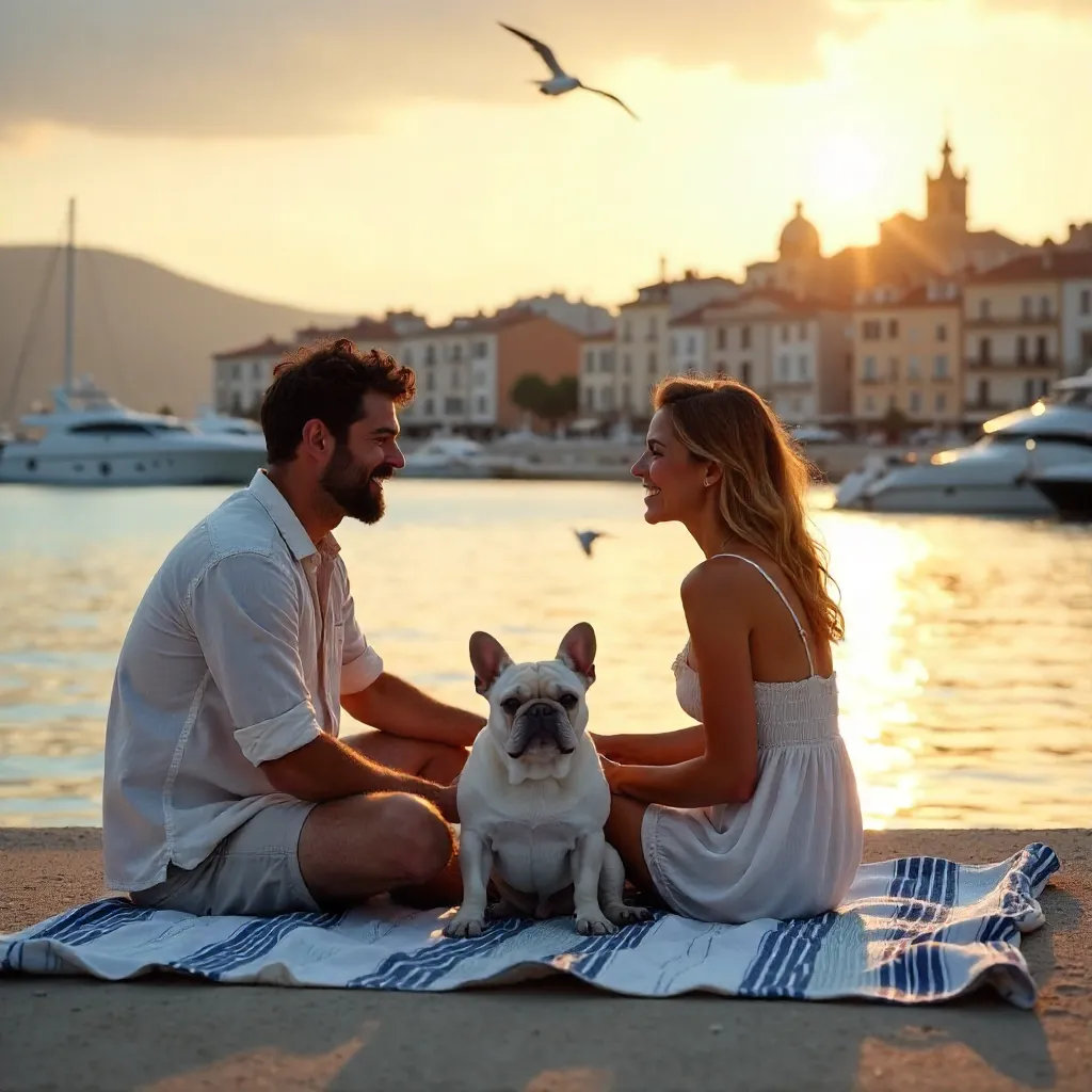 Harbor Serenade: Couple, Dog & Marseille Skyline