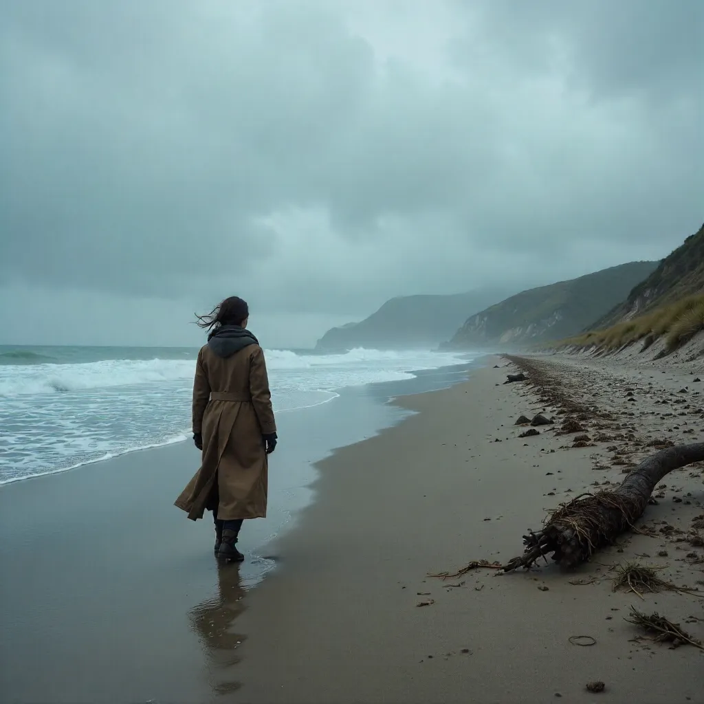 Solitary Walk on a Cloudy Secluded Beach