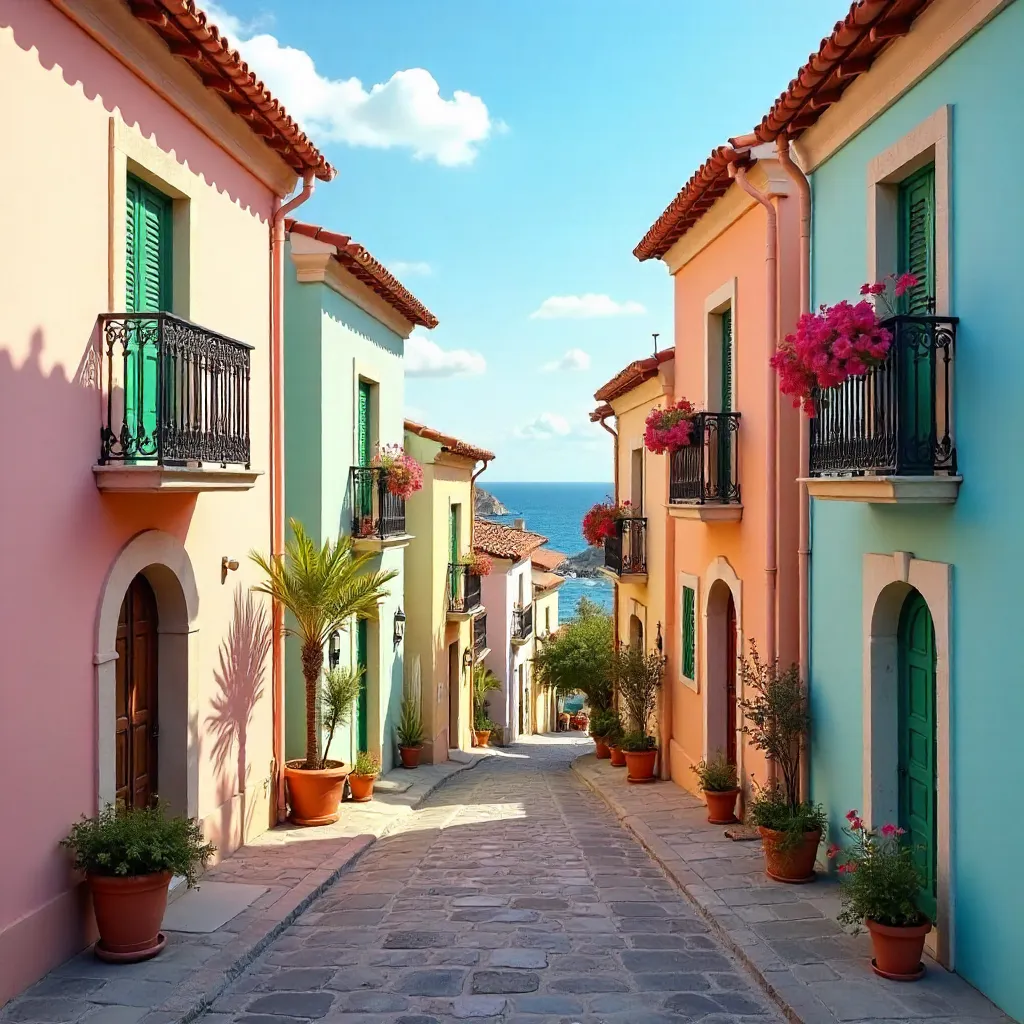Pastel Mediterranean Village Under Blue Sky