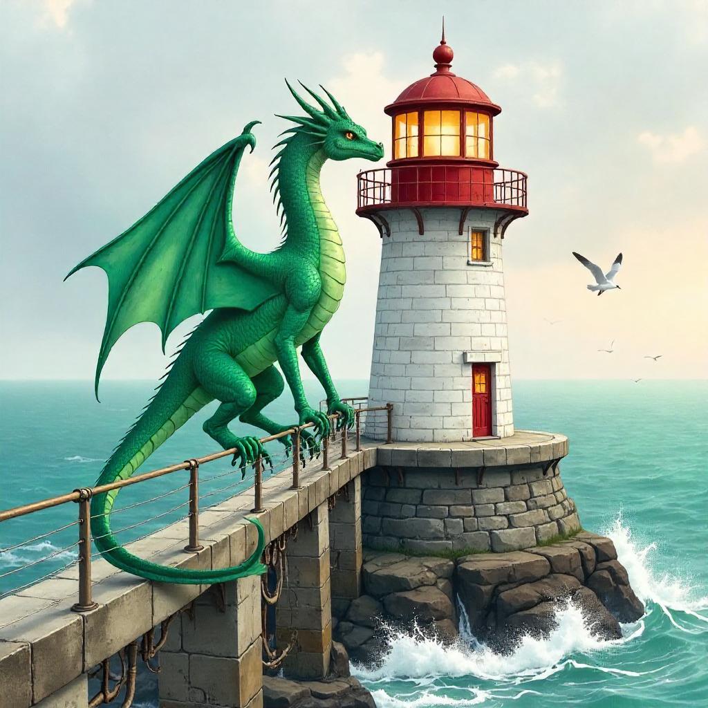 Watercolor Wyvern in a Seaside Lighthouse