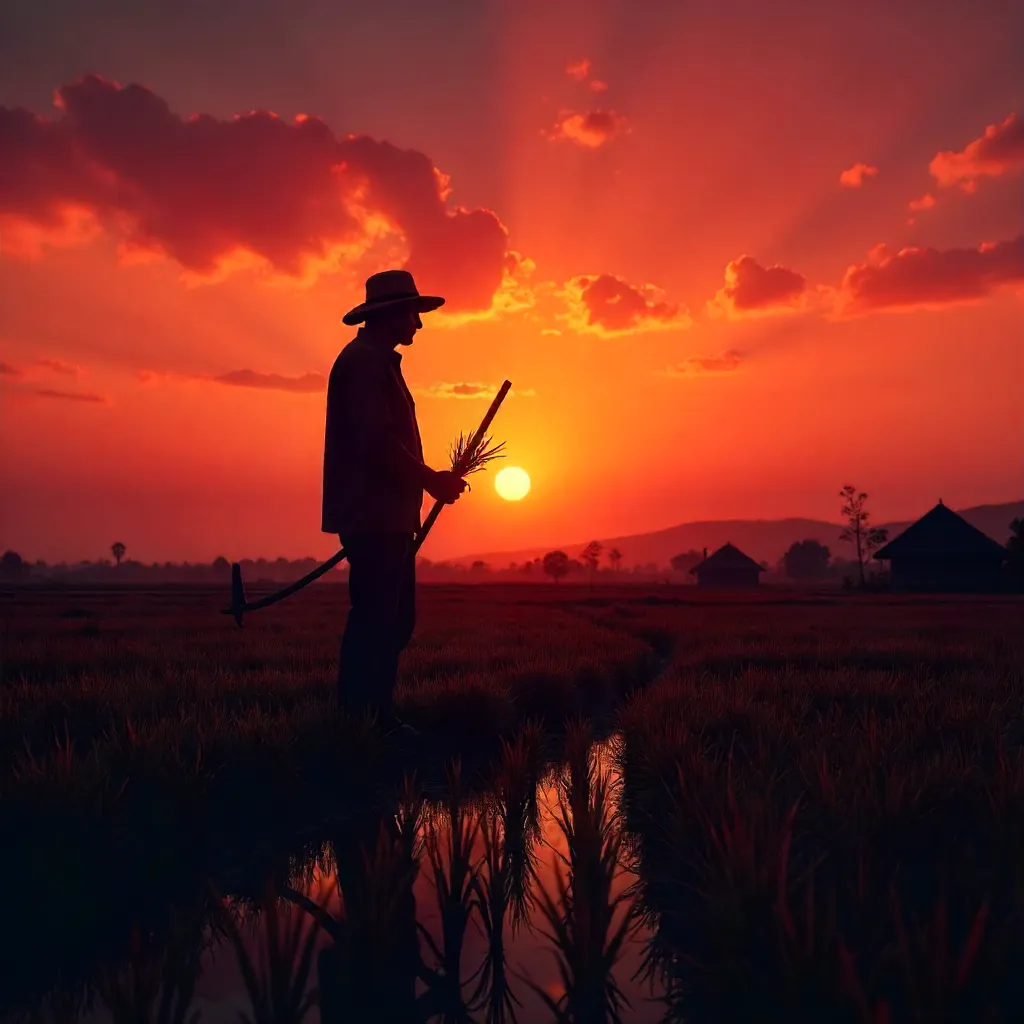 Silhouette of a Farmer with Sickle at Sunset