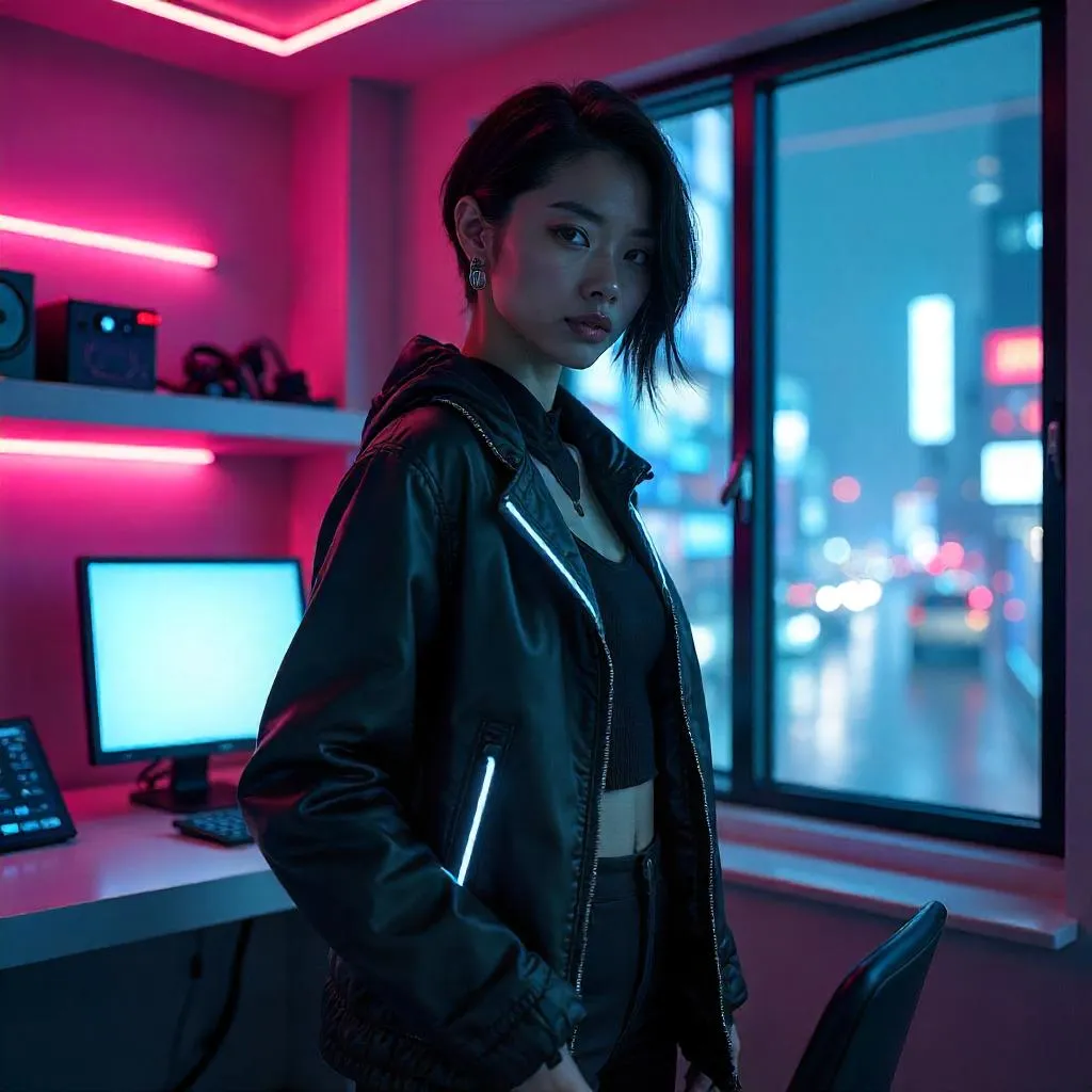 Confident Asian Woman in a Neon Cyberpunk Home