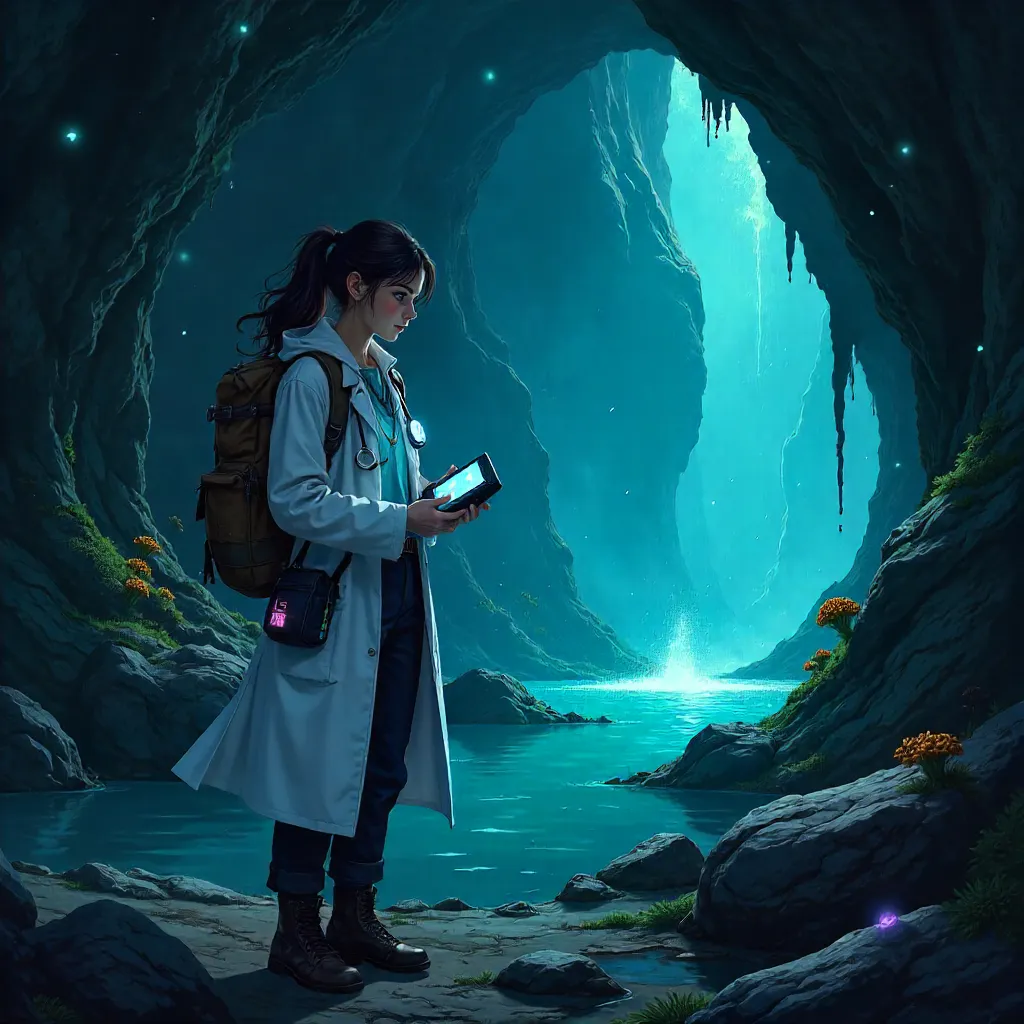 Anime Doctor in a Bioluminescent Cave