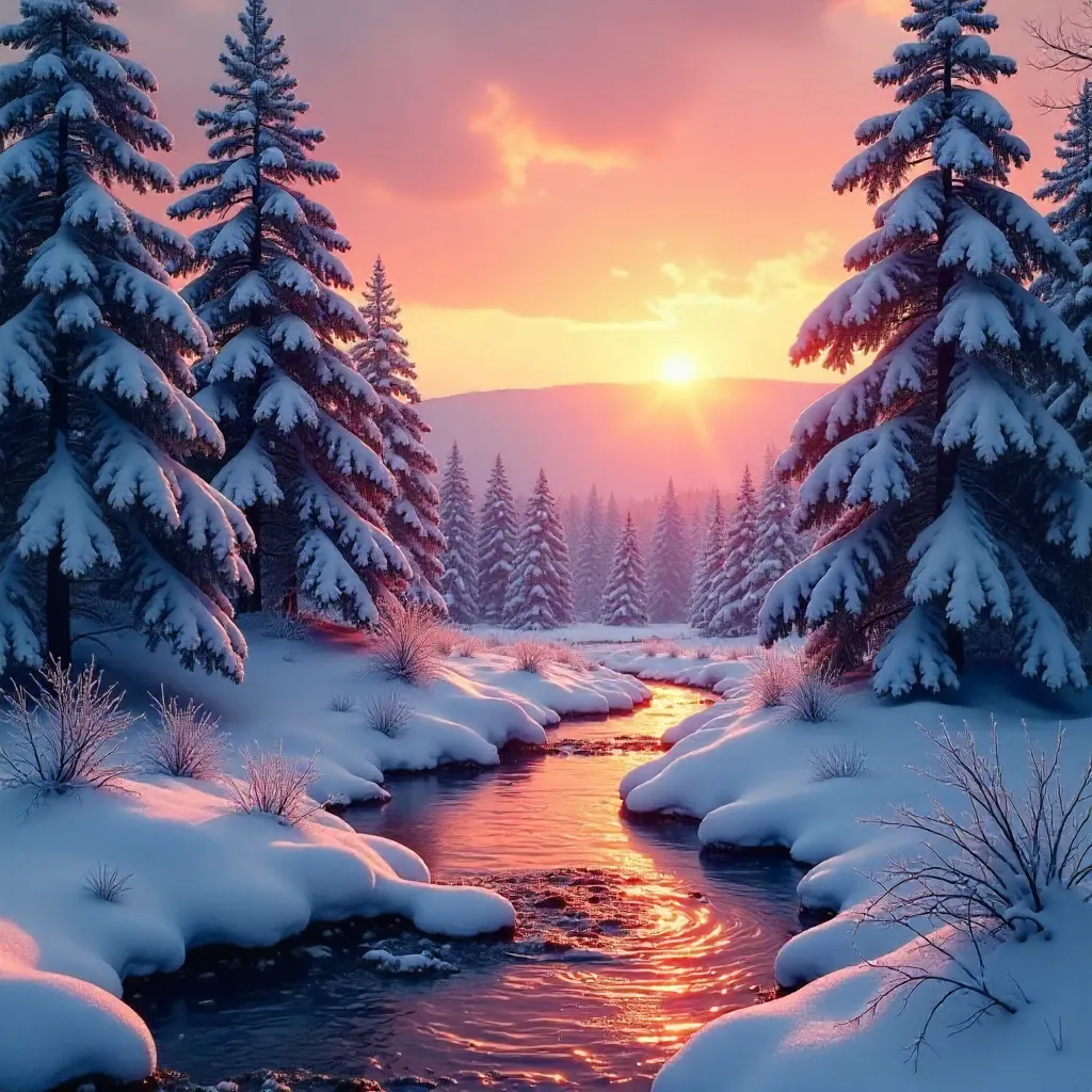 Sunset in a Serene Winter Forest