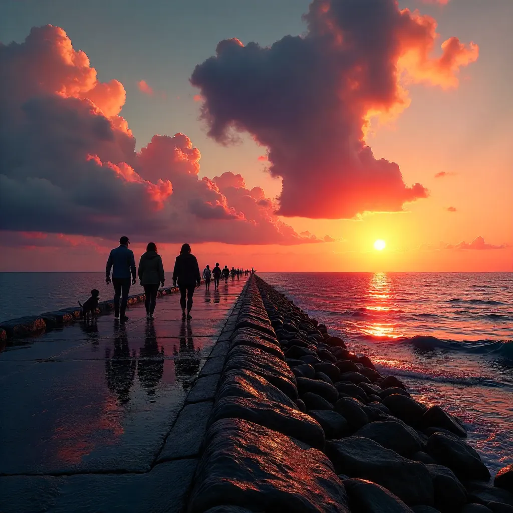Silhouetted Figures on a Sunset Breakwater