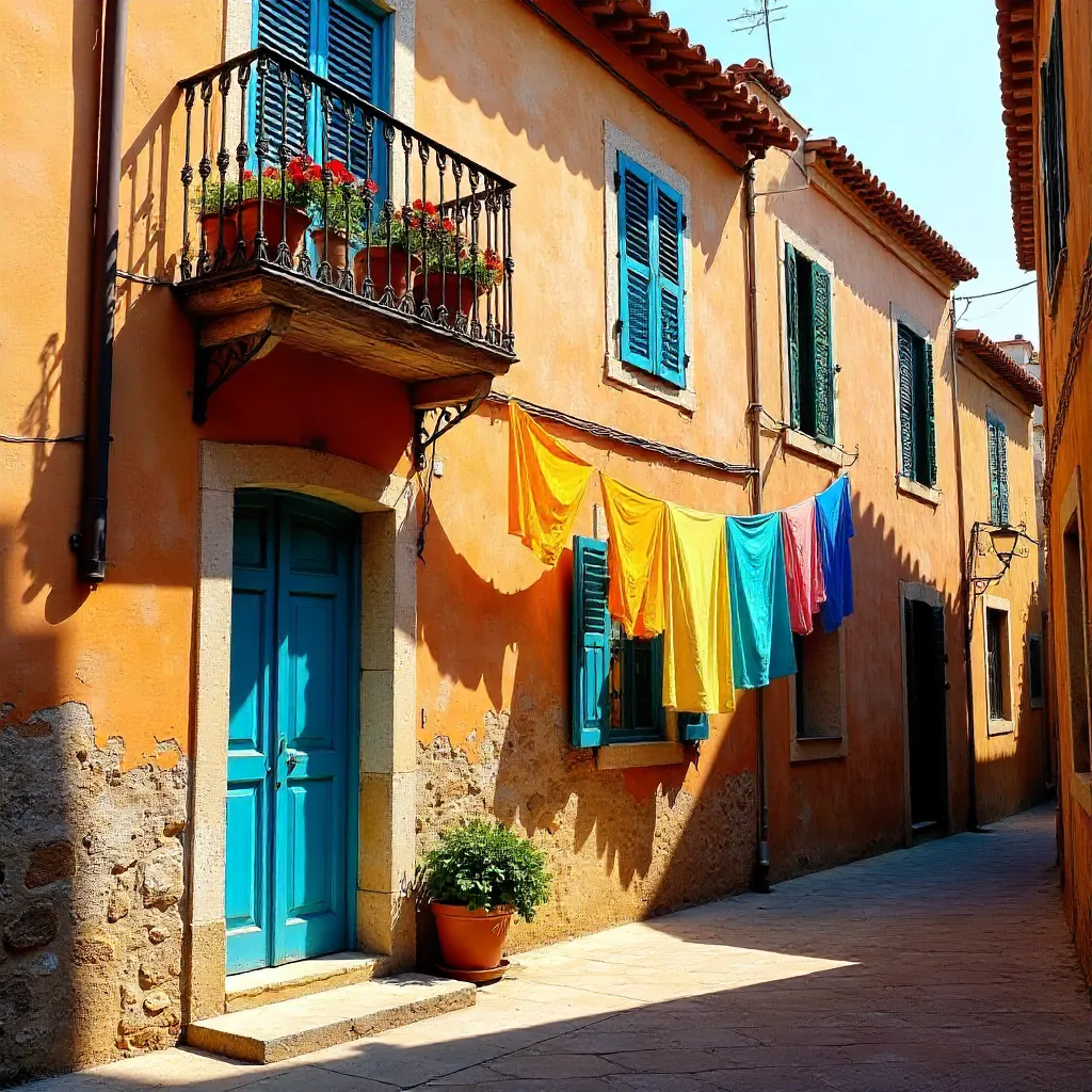 Weathered Mediterranean Facade with Colorful Laundry
