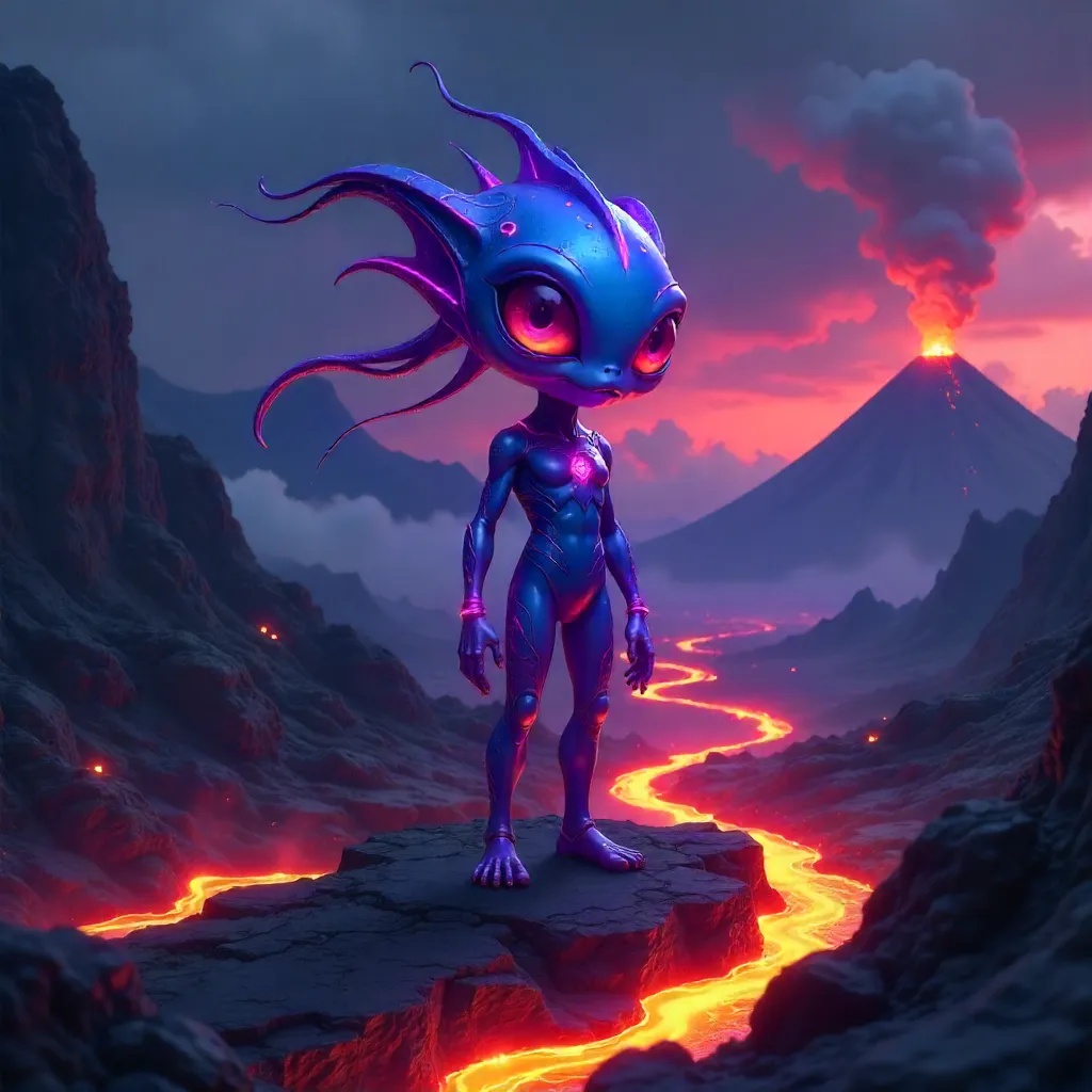 Alien on Volcanic Rocks in Anime Style