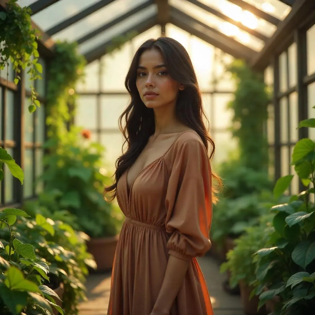 Sunlit greenhouse portrait of a Middle Eastern woman