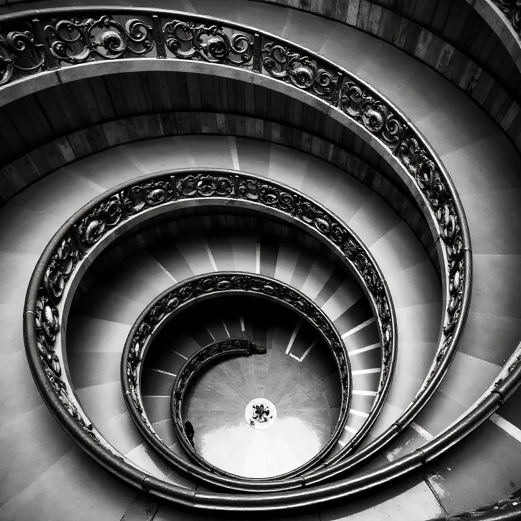 Aerial Black and White: Bramante Staircase, Vatican Museums