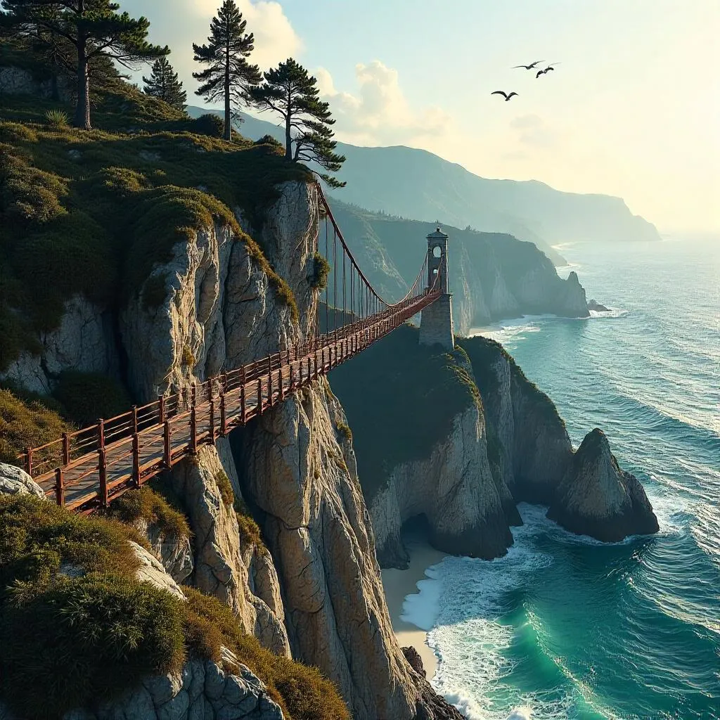 Photorealistic Cliff-edge Suspension Bridge at Golden Hour