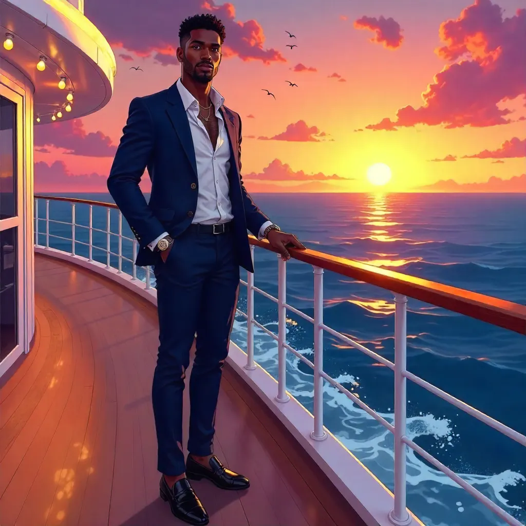 Stylish Black Man in Anime Style on a Cruise Ship