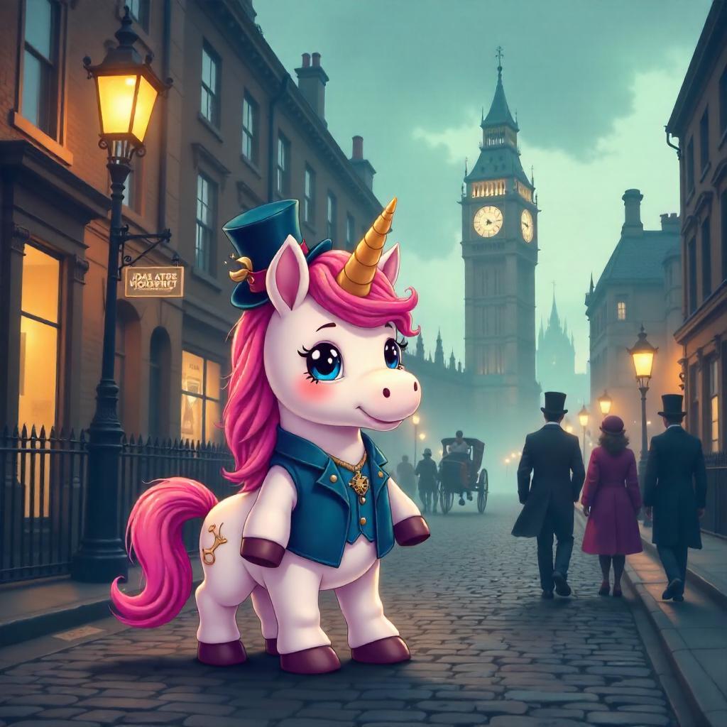 Unicorn in Victorian London: A Whimsical Cartoon