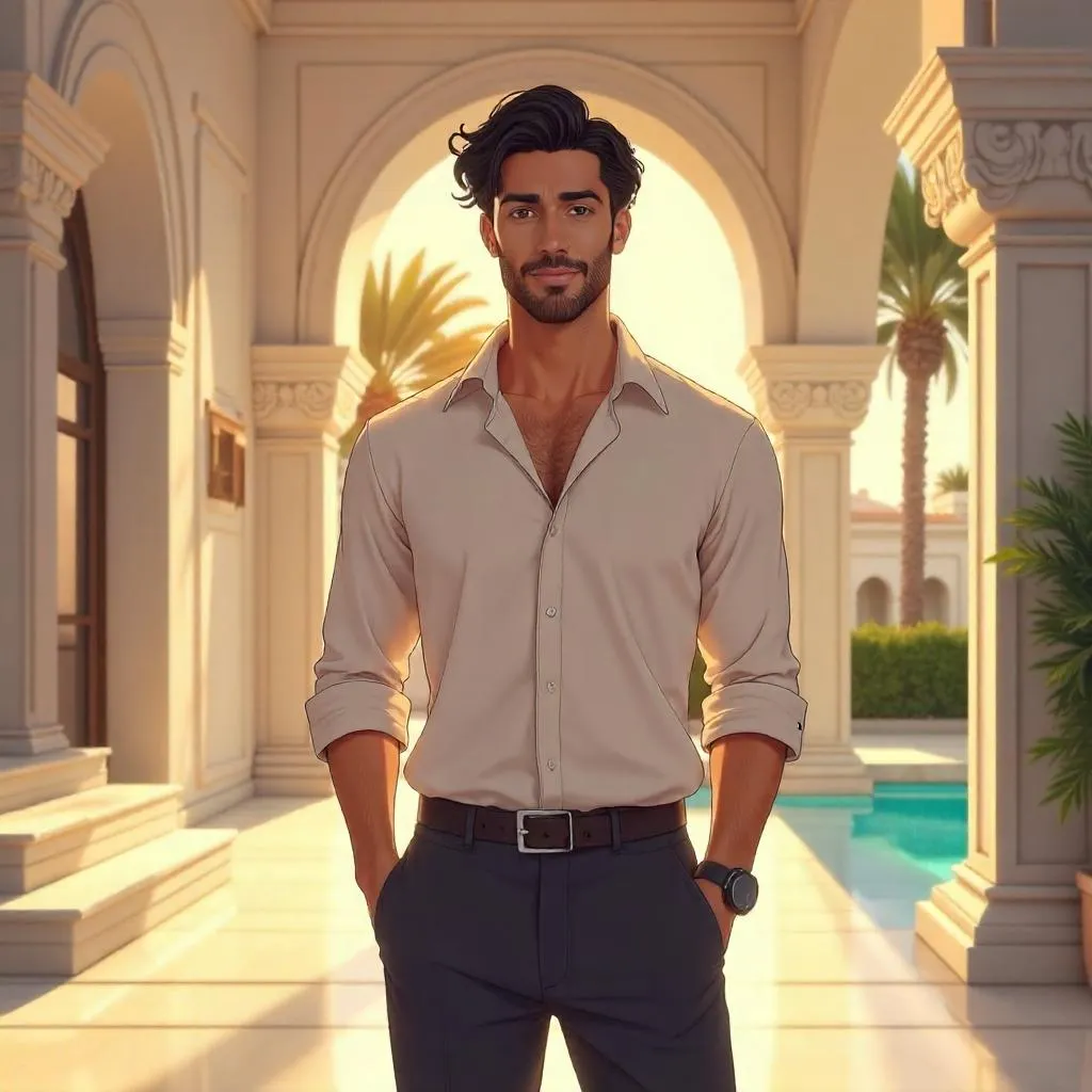 Anime Style: Adult Middle Eastern Man in a Lux Villa