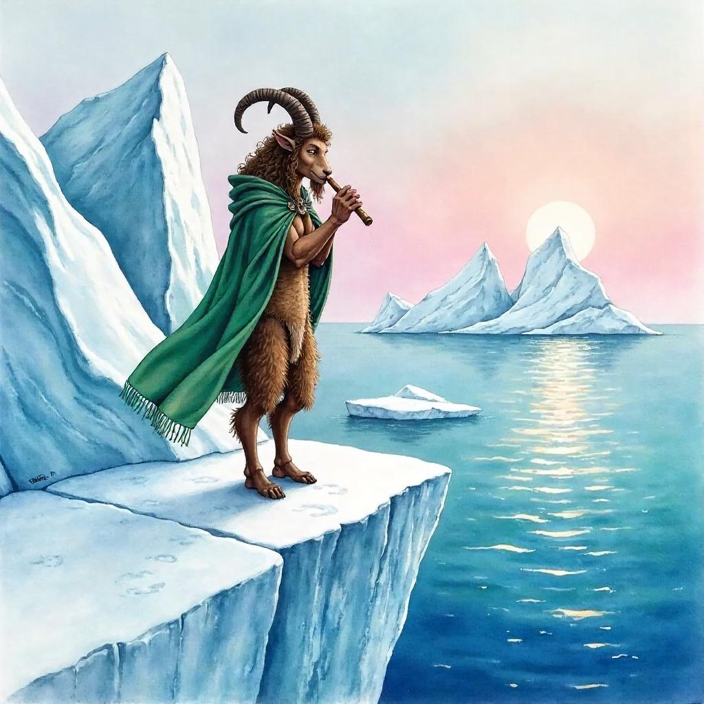 Satyr Amid Icebergs in Watercolor