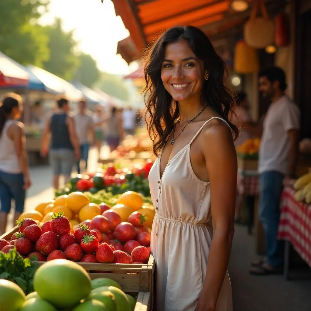 Latina Woman at a Lively Farmers Market