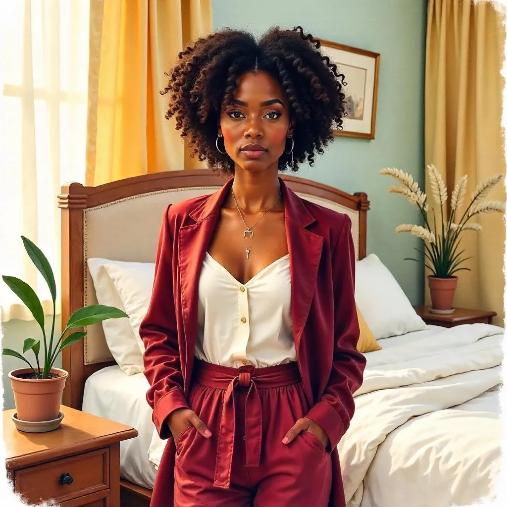 Confident Black Woman in a Watercolor Bedroom