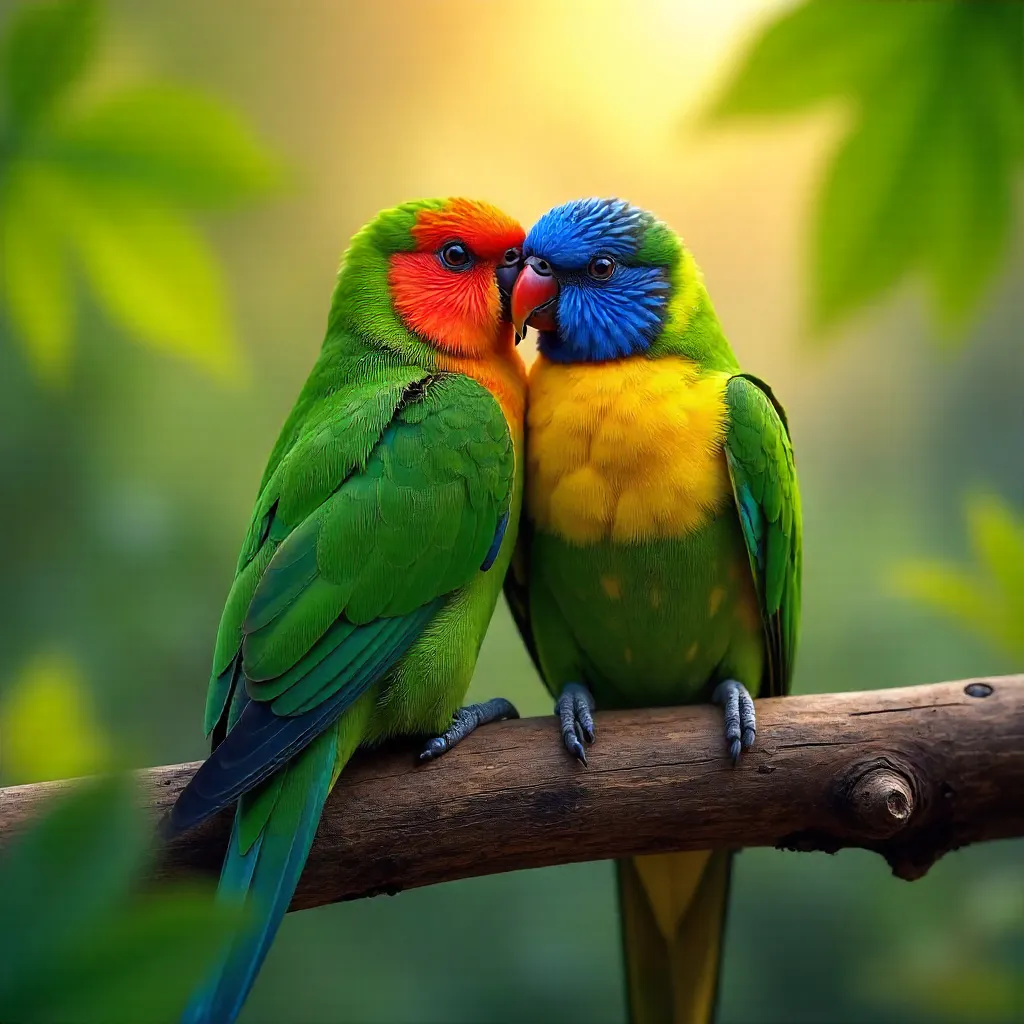 Colorful Lovebirds Cuddling on a Branch