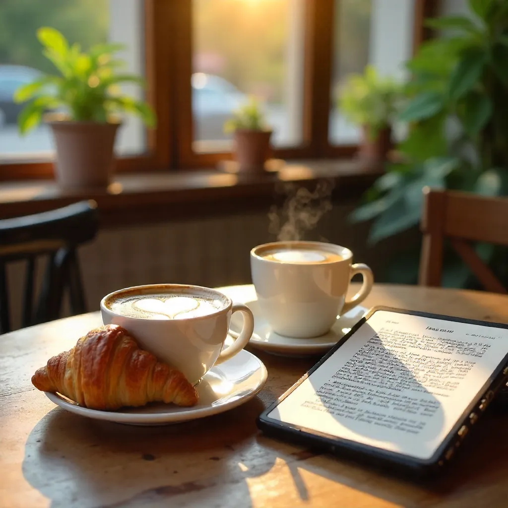 Peaceful Café Break: Croissant, Cappuccino, E-Reader