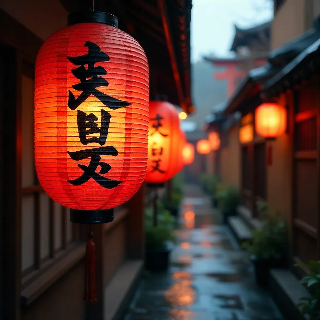 Close-Up Japanese Lanterns with Calligraphy Outdoors