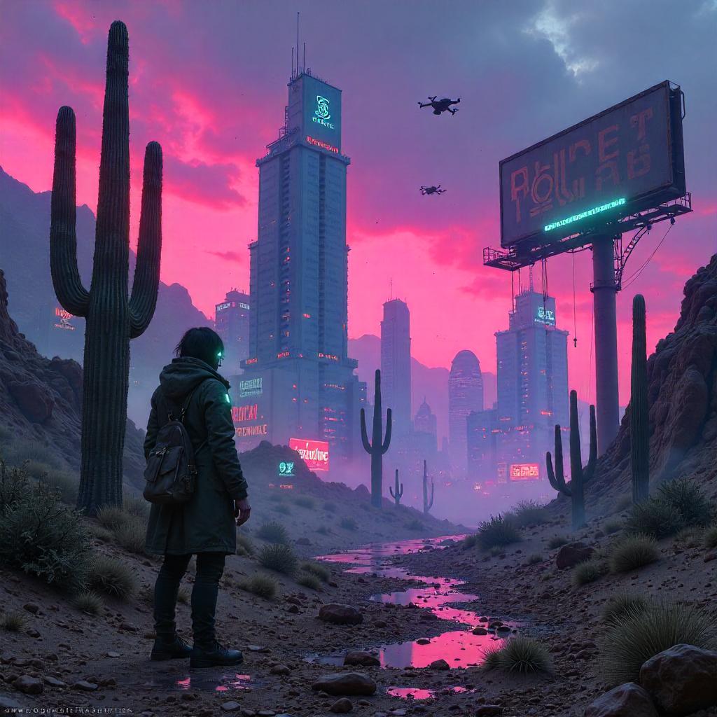 Neon Ruins Amid Desert Cacti