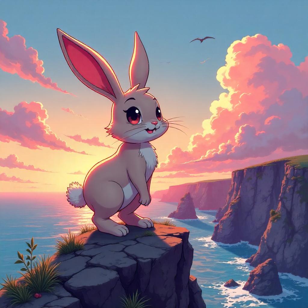 Anime Rabbit on a Wind-Swept Rocky Outcrop