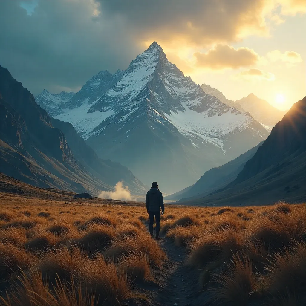 Lone Figure in a Field Before Majestic Mountains