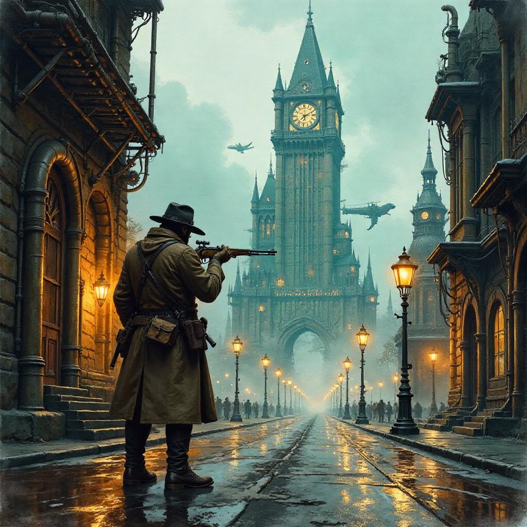 Hunter Amid Gears: A Watercolor in a Clockwork City