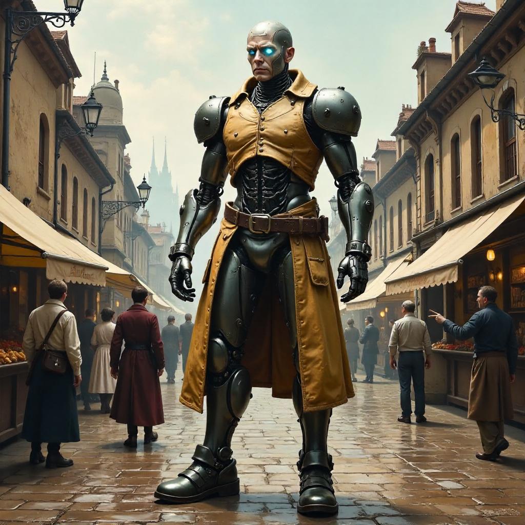 Cyborg in the Town Square: An Oil Painting