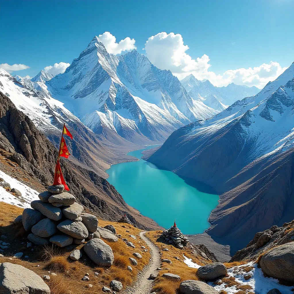 Snow-Capped Tibetan Peaks Under a Brilliant Blue Sky