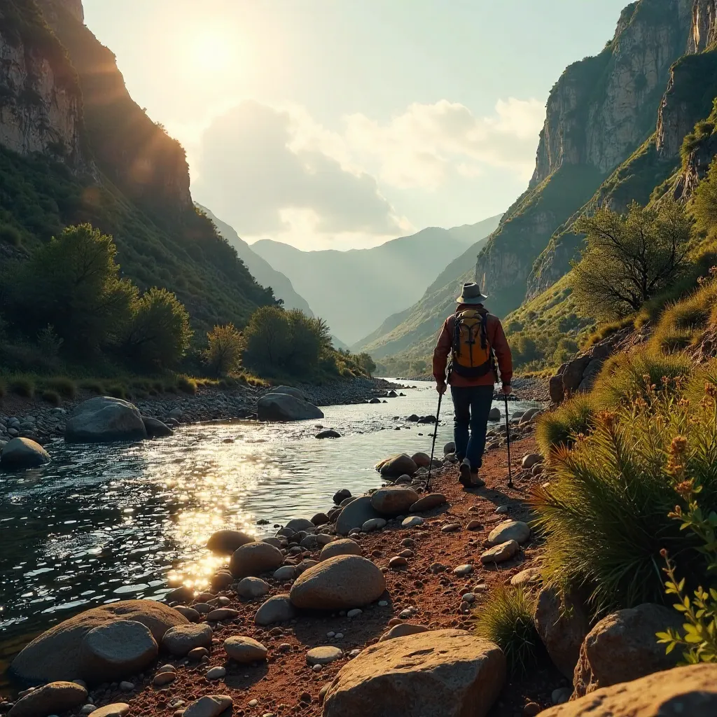 Hiker on rugged riverbank in Arouca, Portugal