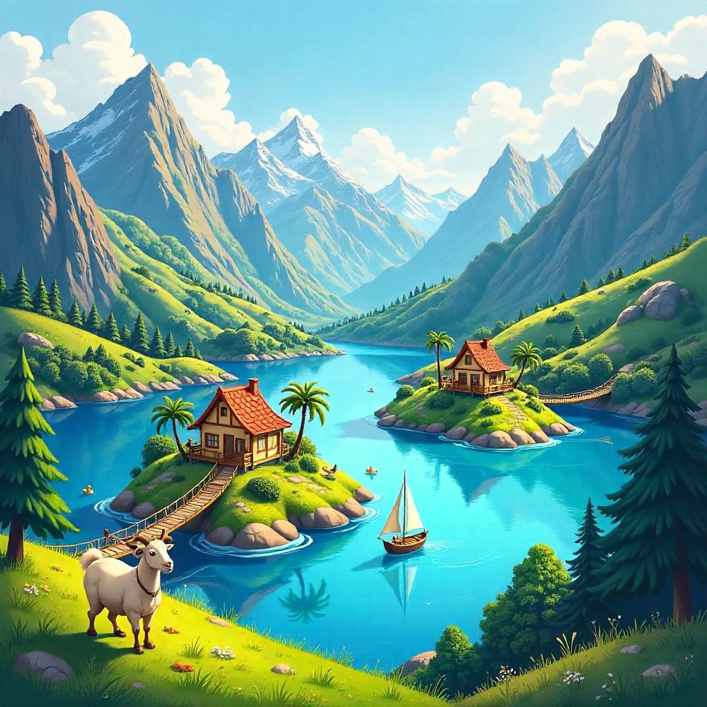Archipelago in a Mountain Valley Cartoon Panorama