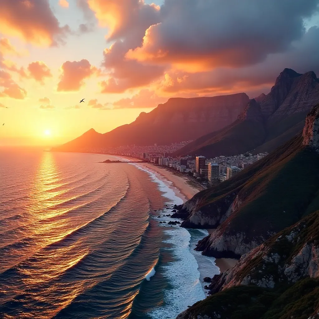 Cape Town Sunset Aerial: Mountains and Coastline