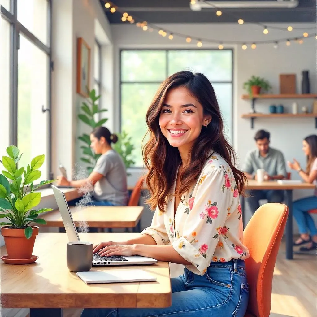 Cheerful Latina Girl in Watercolor Coworking Space