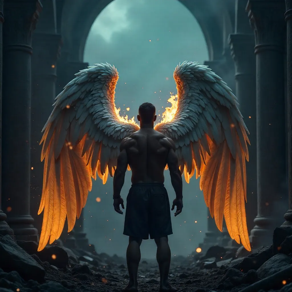Back View: Man with Angel Wings Ablaze in Darkness
