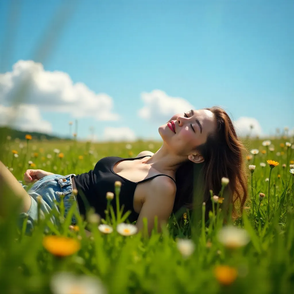 Sunlit Meadow Moment: Woman in Black Top