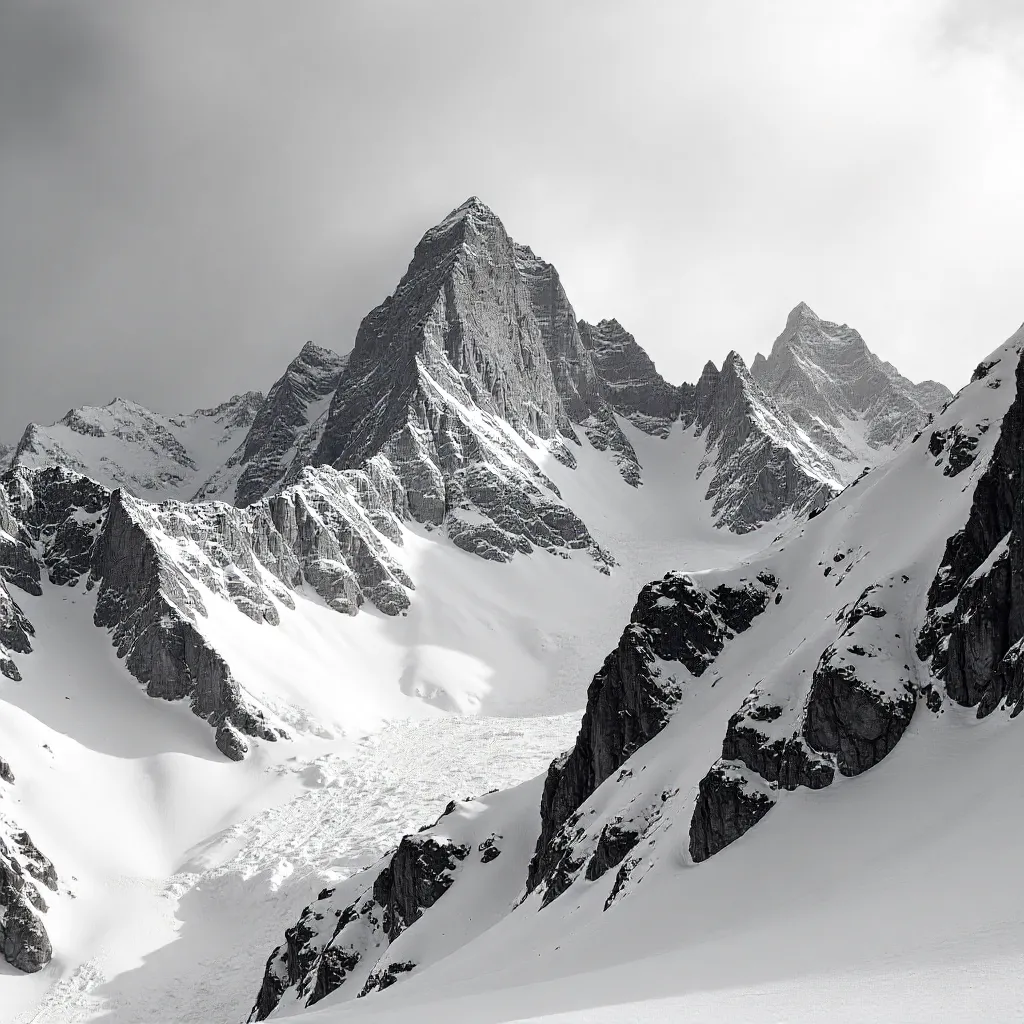 Stark Snow-Covered Peaks in High-Contrast Black and White