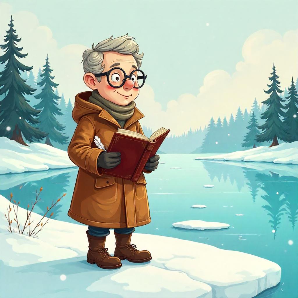 Cartoon Scholar on a Frozen Lake