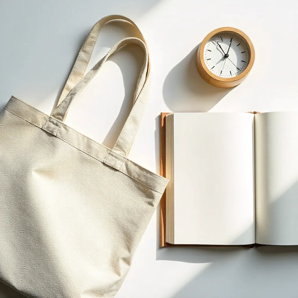 Bright Flat Lay Stock Photo: Bag, Book, and Clock
