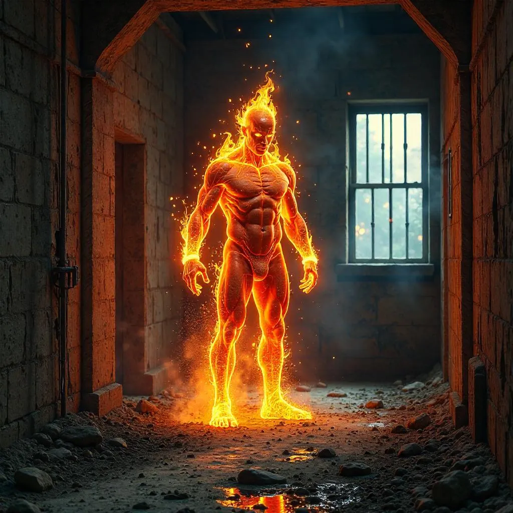 Fire Elemental in a Photorealistic Prison Cell