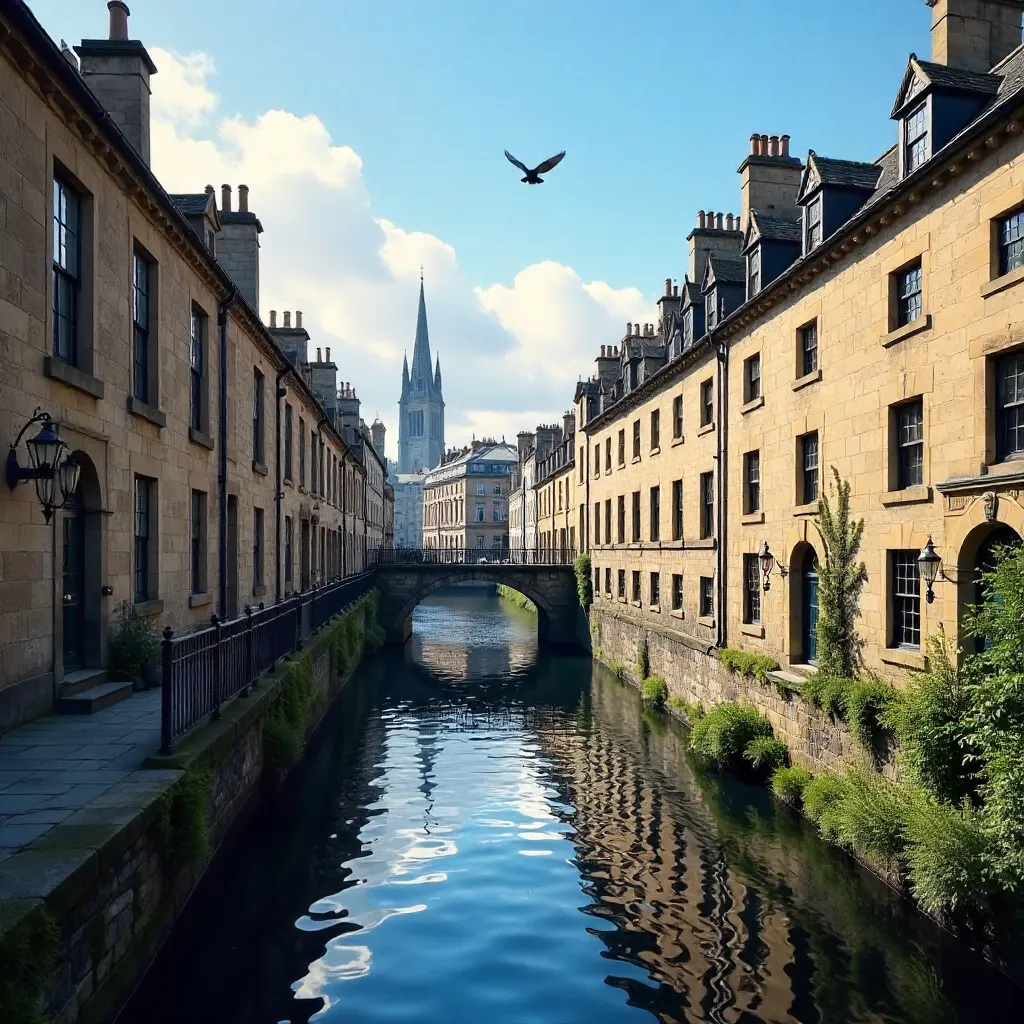 Charming Edinburgh Stone Buildings by the River under a Blue Sky