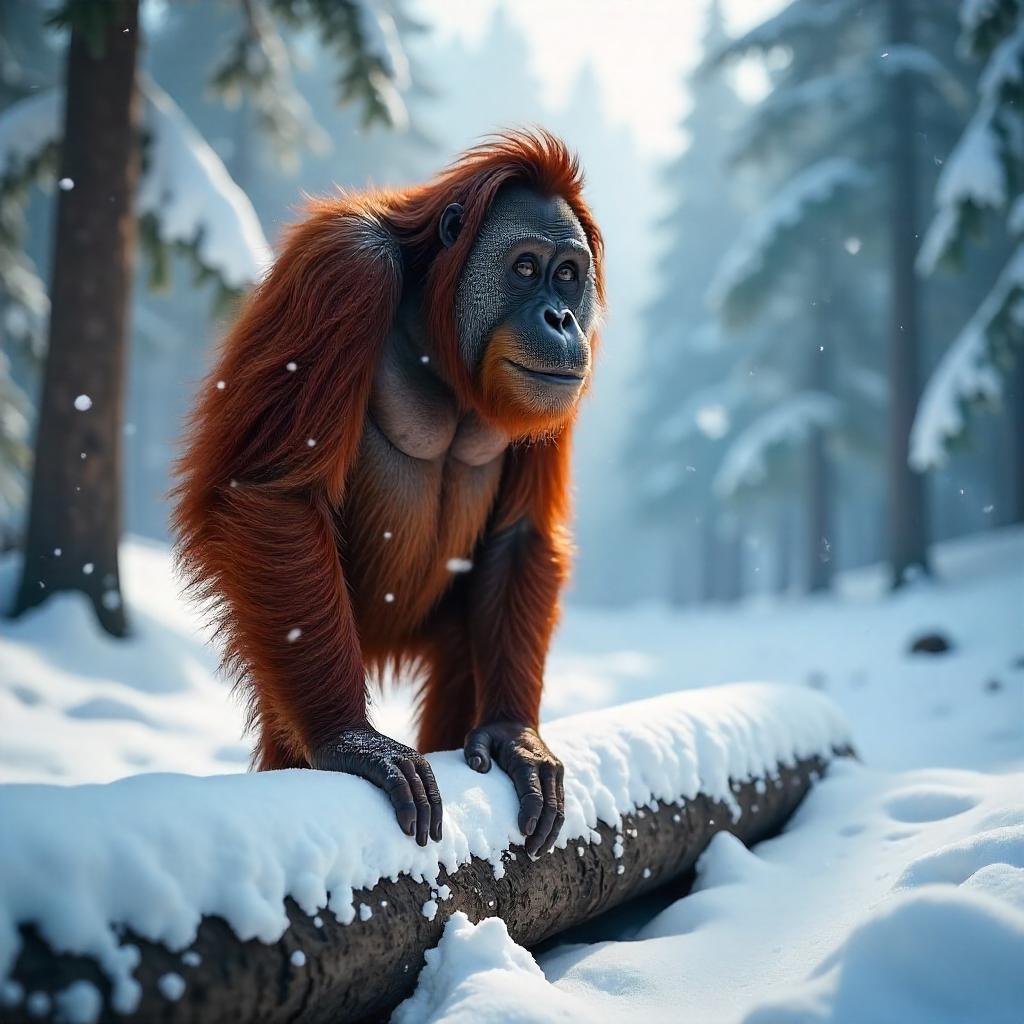 Photorealistic Orangutan in a Snowy Landscape